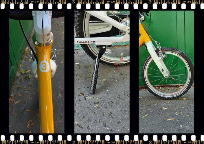 woom 3 sárga 16-os gyerek bicikli kitámasztó